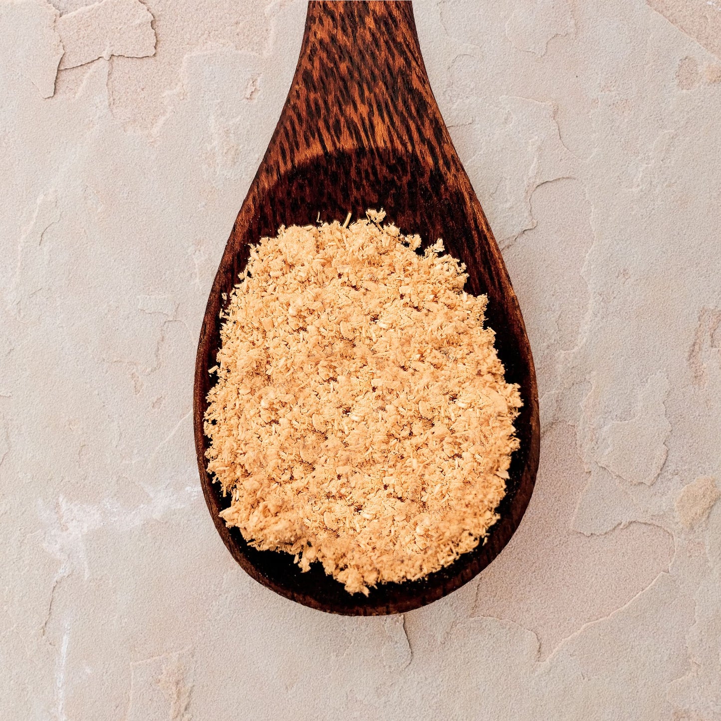 Powdered lion's mane mushrooms in a wooden spoon